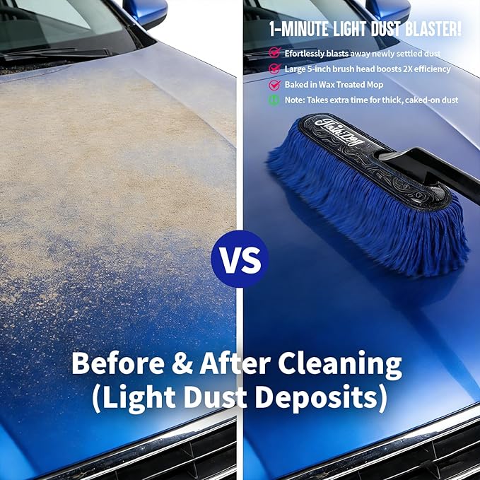 Flash Dog Car Duster Exterior Scratch Free - Wood Handle Waterless Cleaning for Cars/SUV/Truck/RV | Waxed Cotton, Portable Waterless Dust & Pollen Remover