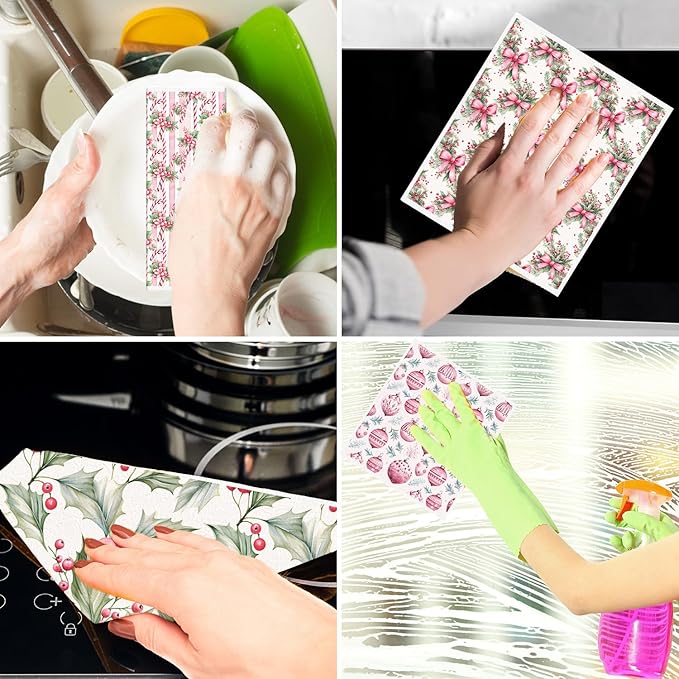 Christmas Swedish Dishcloths for Kitchen - 6PCS Pink Christmas Swedish Cloths for Washing Dishes, Cute Santa Reusable Dish Towels, Washable Cleaning Sponge Gifts for Home Holiday Fast Drying