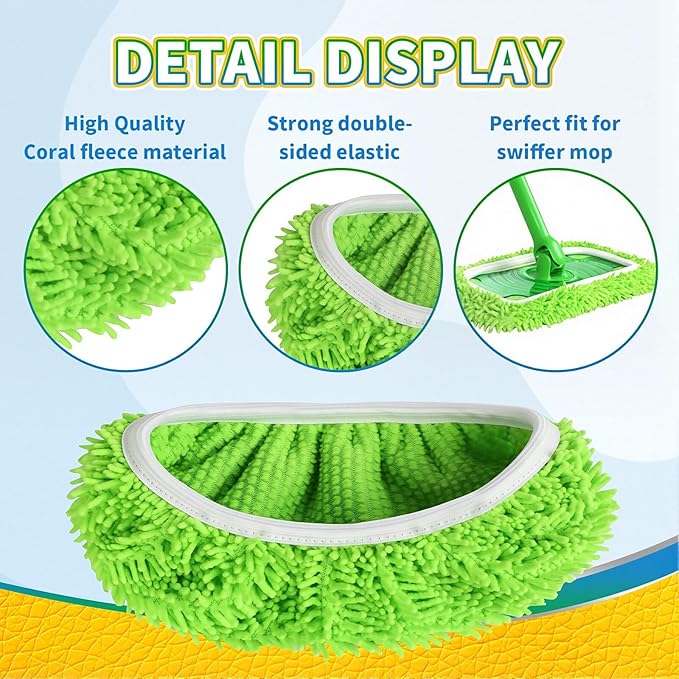 Sakerplus Chenille Mop Refill Pads for Home Use– Replacement Mop Heads for Floor Cleaning,Fits Most Standard Mops, for Hardwood Tile Laminate Floors (Green 6PCS)