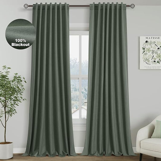 Olive Green Linen Blackout Curtains 120 Inch Length 2 Panels Set Extra Long 10 Ft Back Tab Pocket Drapes Thermal Insulated Total Blocking Curtains for Dining Room Cottage High Window Curtain 52x120