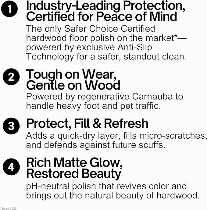 Quick Shine Hardwood Floor Luster-Polish 64oz-2pk Plant-Derived w/Carnauba Safer Choice, No PFAS, pH Neutral Ready to Use Formula w/Anti-Slip Technology Simply Squirt & Spread Made in USA