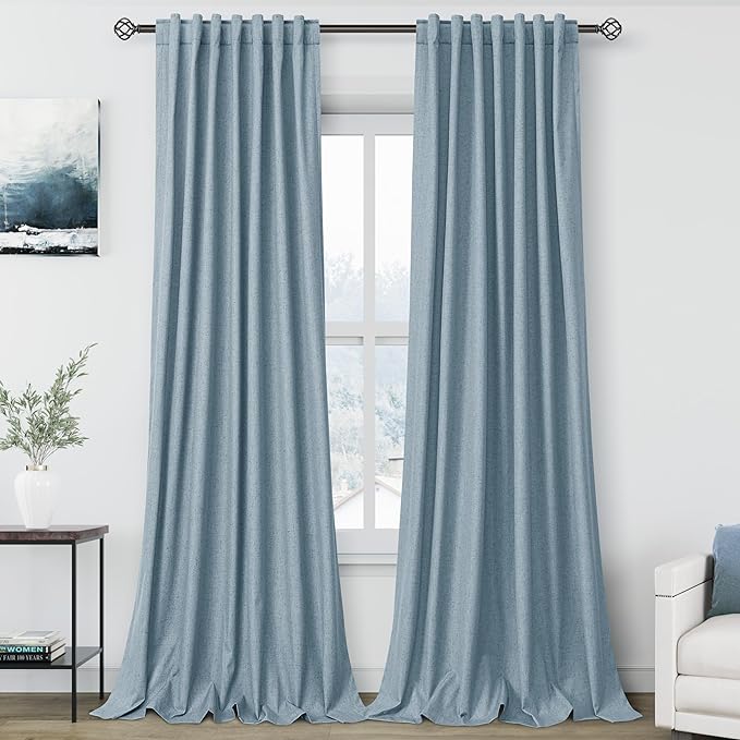 Nanspring Blue Linen 100% Blackout Curtains 92 inch Length Back Tab Rod Pocket Drapes Thermal Insulated Textured Living Room Black Out Curtains 2 Panels Set 52x92