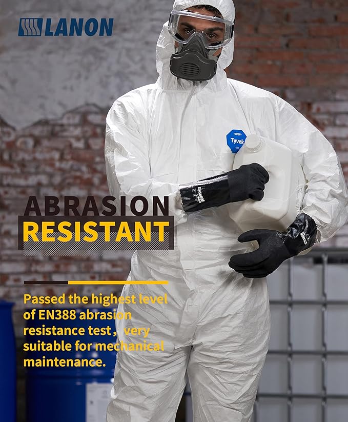 LANON Nitrile Chemical Resistant Gloves, Reusable Heavy-Duty Rubber Gloves with MicroFoam Textured Palm, Acid, Alkali and Oil Protection, Black, XXL
