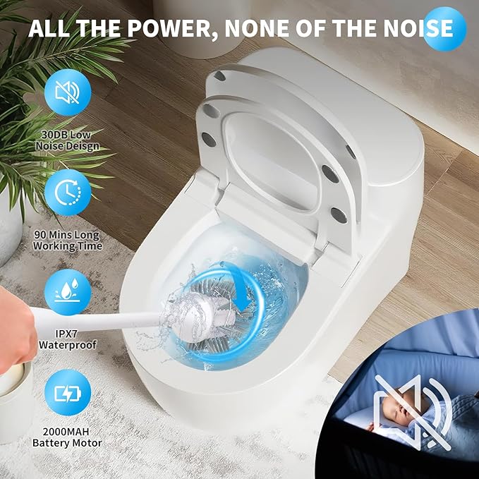 Aloevia Electric Toilet Brush with Holder, Ultra Quiet & Powerful Scrubbing, IPX7 Waterproof Self-Cleaning Brush for Toilet/Bathtub/Grout, Cordless Spin Scrubber with 320RPM Turbo Power - White