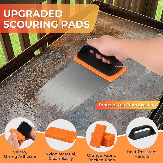 Griddle Cleaning Kit for Blackstone, Flat Top Grill Accessories Cleaner Tool Set Grill Stone, Griddle Scraper, Scouring Pad and Handles, Multifunctional Griddle Accessories Easy to Remove Stain