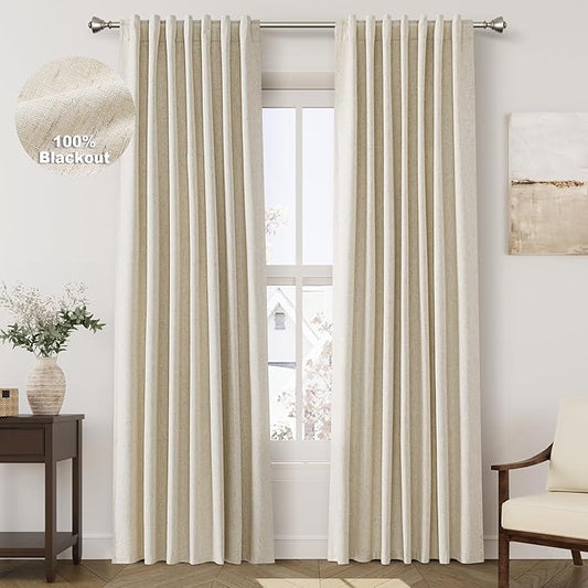 Beige Blackout Linen Curtains 90 inch Length 2 Panels for Living Room Oatmeal Pinch Pleated Black Out Drapes Farmhouse Rustic Room Darkening Window Curtain Panels Bedroom 90 inches Long