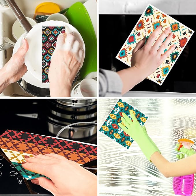 Native American Swedish Dishcloths for Kitchen - 6PCS Aztec Swedish Cloths for Washing Dishes, Native American Style Reusable Dish Towels, Southwestern Tribal Washable Cleaning Sponge Gifts