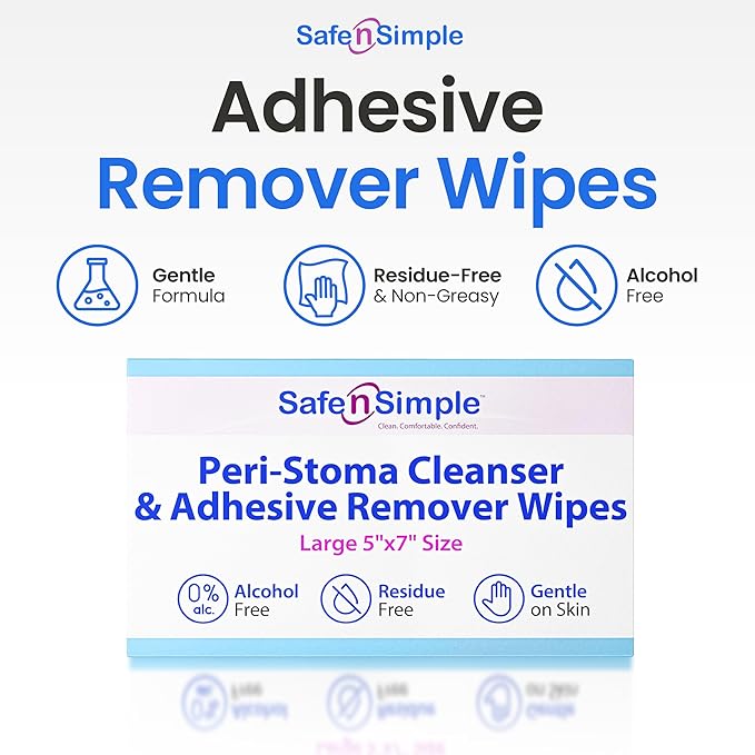 Safe n' Simple Adhesive Remover for Skin - 5"x7" 50 Wipes - Stoma Adhesive Remover Wipes - Alcohol Free Wipes for Sensitive Skin - No Sting Adhesive Remover Wipes