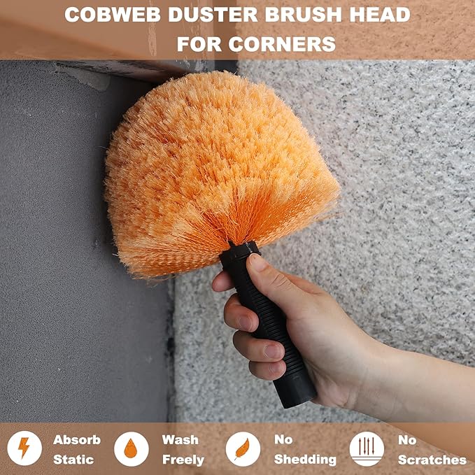2 Pack Orange Twist-On Cobweb Duster Head Brush, Fits Standard 3/4 inch Threaded Poles, Attachment Brush, Spider Web Duster for Outdoor & Indoor Cleaning