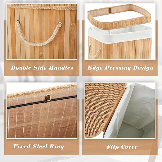 Bamboo Slim Trash Can with Lid, 21 Gallon Large Foldable Slim Rectangular Garbage Can Bamboo Waste Basket for Bathroom Bedroom Office Home Salon Spa