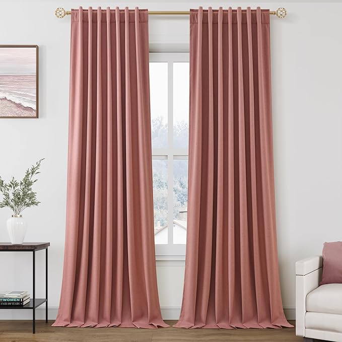 100% Blackout Linen Curtains 108 Inch Length 2 Panels Canyon Rose Drapes Loop Pocket Rod Pocket Flax Linen Drapes Thermal Insulated Total Blocking Curtains for Dining Room High Ceiling 52X108