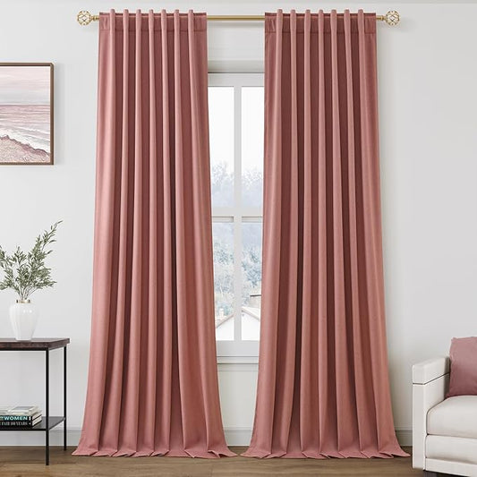 100% Blackout Linen Curtains 108 Inch Length 2 Panels Canyon Rose Drapes Loop Pocket Rod Pocket Flax Linen Drapes Thermal Insulated Total Blocking Curtains for Dining Room High Ceiling 52X108