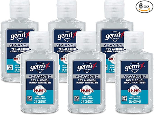 Germ-X Advanced Hand Sanitizer, 2 Fl Oz (Pack of 6), Less Drying Moisturizing Clear Gel, No Rinse Formula, Mini Travel Size for On-The-Go