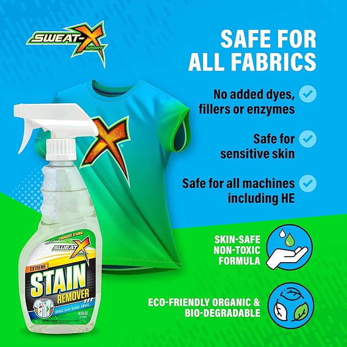 Sweat X Extreme Stain Remover – Multi-Purpose Nontoxic Stain Spray – Advanced Stain Removal for Sport and Activewear – Safe for All Fabrics – Tested Formula with Proven Results – 16 Fl Oz - 2 Pack
