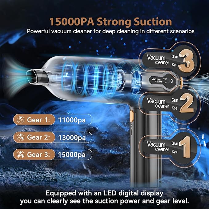 Beautiq Handheld Vacuum Cordless, Handheld Car Vacuum Cleaner 15000Pa with Air Duster, Portable Strong Suction LED Display, Rechargeable Blower Mini for Home Pet Hair Dust