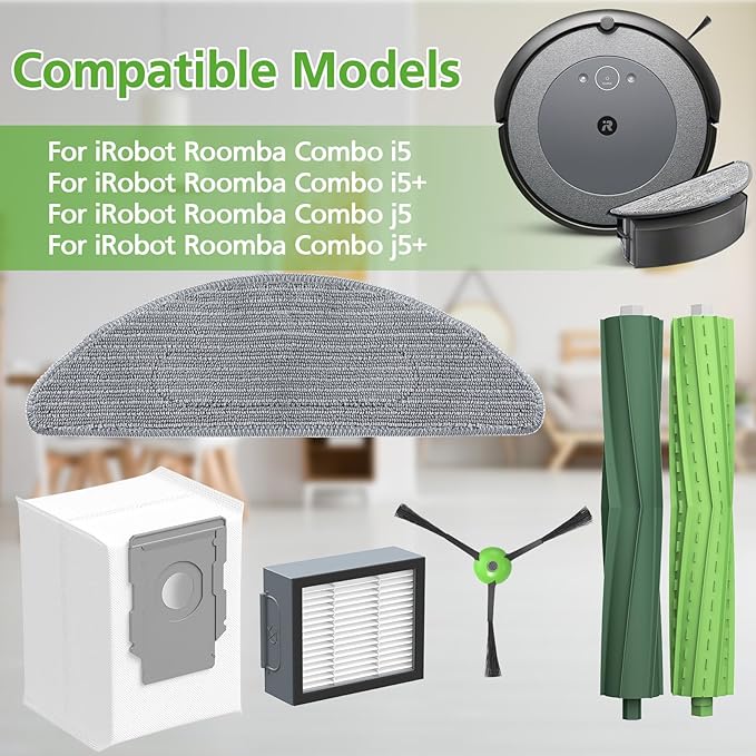 Replacement Parts for iRobot Roomba Combo i5, i5+, j5, j5+ Robot Vacuum Cleaner, Accessories Kit: Dual Multi-Surface Rubber Brushes + 4 Filters + 4 Mop Pads + 4 Vacuum Bags + 4 Edge-Sweeping Brush