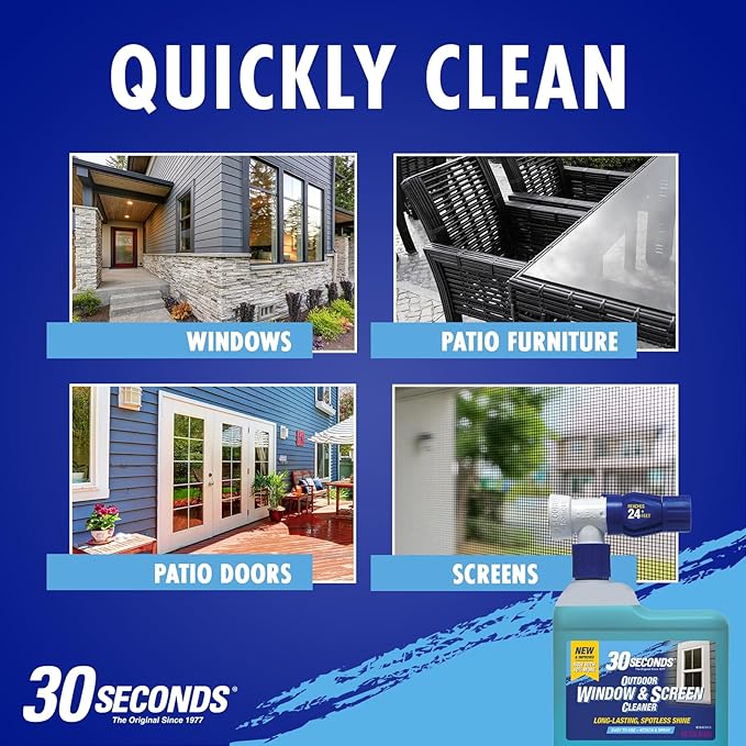 30 SECONDS Outdoor Window & Screen Concentrated Cleaner for Glass, Patio Doors, Fiberglass, Furniture - No Screen Removal Required, Spray & Rinse - Hose End Spray Attachment (2 PACK)