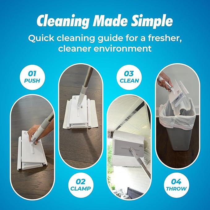 CleanMattix - FlexiClamp Sweep & Mop Kit - Compatible with Swiffer Pads, Durable Cleaning Tool for Hardwood, Tile, Marble & Laminate Floors, Home, Kitchen Cleaning Essentials. (Include 10 Dry Cloths)