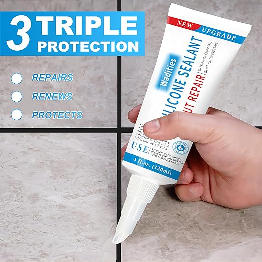 8Oz Black Waterproof Caulk & Seal Silicone Sealant, Wadities Tile Grout Repair Kit with Grout Remove Scraper, Shrink & Crack Proof for Bathroom, Shower, Kitchen, Floor (4Oz, Pack of 2)