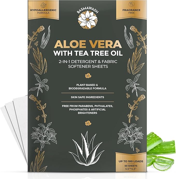 Natural Laundry Detergent & Fabric Softener Sheets | Fragrance-Free & Hypoallergenic | Aloe Vera & Pure Tea Tree Oil | Plant-Based, Biodegradable, Enzyme Powered, Baby-Safe, Eco-Friendly (50 Sheets)