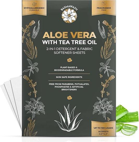 Natural Laundry Detergent & Fabric Softener Sheets | Fragrance-Free & Hypoallergenic | Aloe Vera & Pure Tea Tree Oil | Plant-Based, Biodegradable, Enzyme Powered, Baby-Safe, Eco-Friendly (50 Sheets)