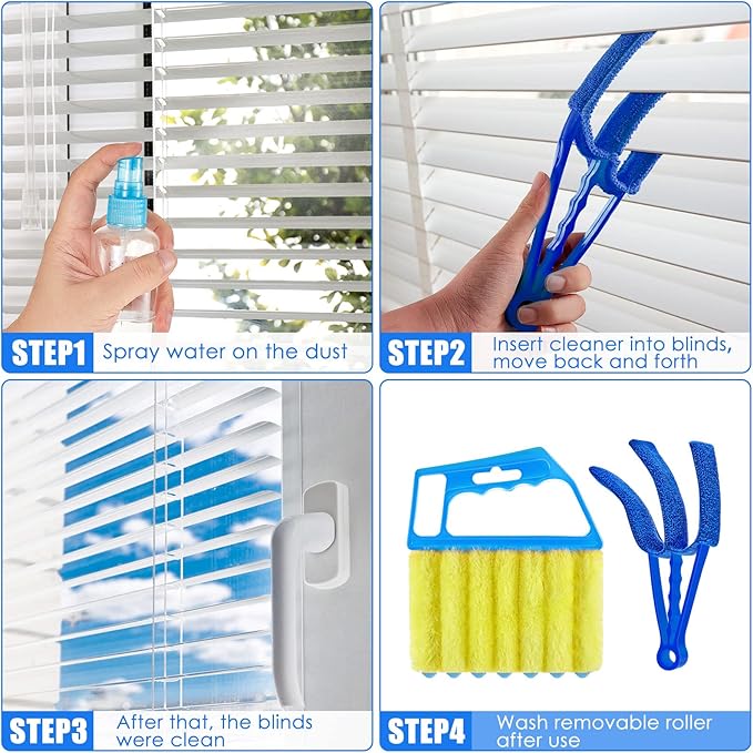 Romooa 4 Pcs Window Venetian Blind Cleaner Duster Tool 7 Finger Blind Rush and Shutter Cleaner Brush Hand-held Window Shutter Air Conditioner Duster for Dirt(Green, Blue)