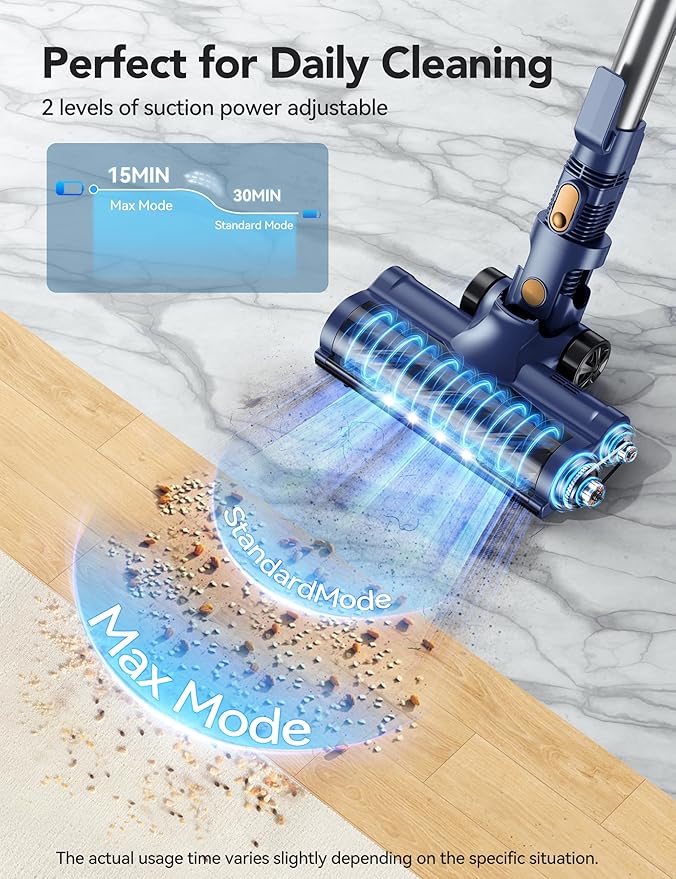QikCln Cordless Vacuum Cleaner, 23 Kpa Powerful Suction, 1.3 L Large Capacity, 2 Modes & 30Mins Runtime, Rechargeable Stick Vacuum for Pet Hair Hardwood Carpet - Blue