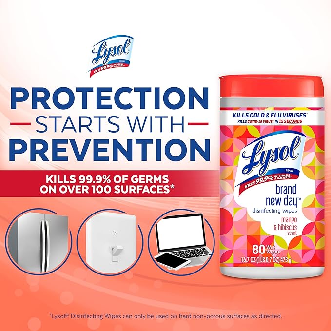 Lysol Disinfectant Wipes, Multi-Surface Disinfectant Cleaning Wipes, For Disinfecting and Cleaning, Mango & Hibiscus, 80 Count (Pack of 4)