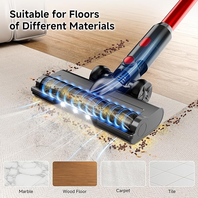 BSNAW Cordless Vacuum Cleaner for Home - Lightweight, Stick Vacuum Clean with Rechargeable Battery, Max 45Mins Runtime, 8 in 1 Handheld Vacuum for Hardfloor & Carpets Pet Hair, Red&Black