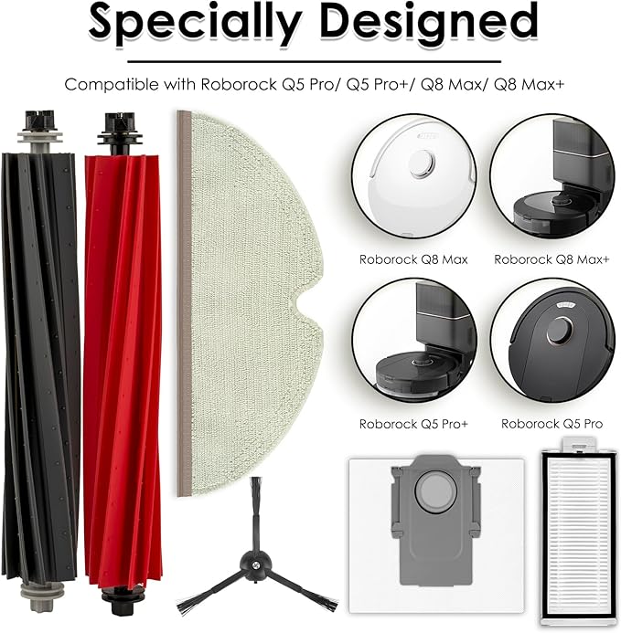 (26 Pack) Q5 Pro Plus Replacement Parts Accessories for Roborock Q5 Pro Plus, Q5 Pro+, Q8 Max, Q8 Max+ Robot Vacuum, 4 Roller Brushes, 6 HEPA Filters, 6 Side Brushes, 6 Dust bags, 4 Mop Pads