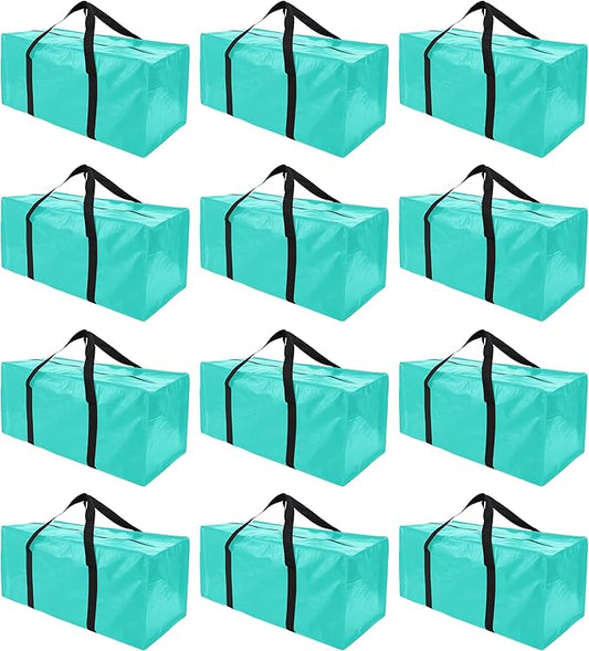 12 Pack Extra Large Moving Bags with Zippers & Carrying Handles, Heavy-Duty Storage Tote for Space Saving Moving Storage, Fold Flat, Alternative to Box and Bin,Aquamarine