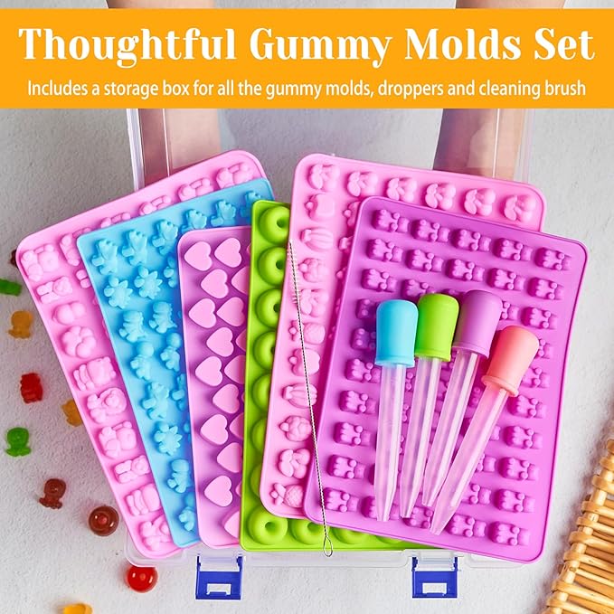 6 Pcs Mini Gummy Candy Molds Set, Silicone Bear Donut Dinosaur Fruit Snack Molds with 4 Droppers, Storage Box and Brush for Small Jello Candy Chocolate Gummy