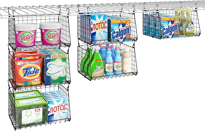 3-Pack Hanging Laundry Room Organizaton (No Shelve Included)：Foldable Laundry Wire Basket with 360°Rotating Hooks Small Space Organization Over Washer and Dryer Shelves, Closet Organizer, Black Patent
