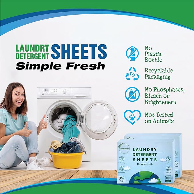 100 Laundry sheets 200 loads | Laundry Detergent Sheets, Eco-Friendly, Plant-Based, Hypoallergenic, No Plastic Jug Kindly (Fresh Linen)