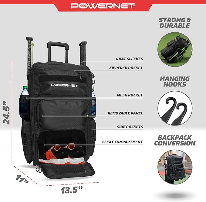 PowerNet Odyssey Softball & Baseball Bag, Rolling Backpack for Baseball Gear, Bat Bag with 4 Bat Sleeves, Cleat Compartment & Hanging Hooks