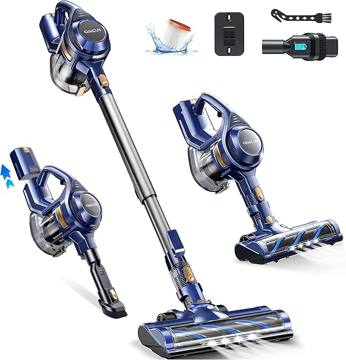 QikCln Cordless Vacuum Cleaner, 23 Kpa Powerful Suction, 1.3 L Large Capacity, 2 Modes & 30Mins Runtime, Rechargeable Stick Vacuum for Pet Hair Hardwood Carpet - Blue