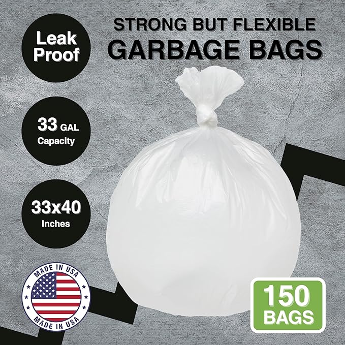 Top Knot Bags 33 Gallon Garbage Trash Bag 33X40" Clear 150 Count Can Liner Bulk 30 Gallon 31 Gallon 32 Gallon 34 Gallon 35 Gallon Made in USA