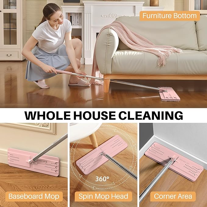 JOYMOOP Flat Mop, Microfiber Mops for Floor Cleaning, 60" Long Handle with Flexible 13" Flat Head, Pink