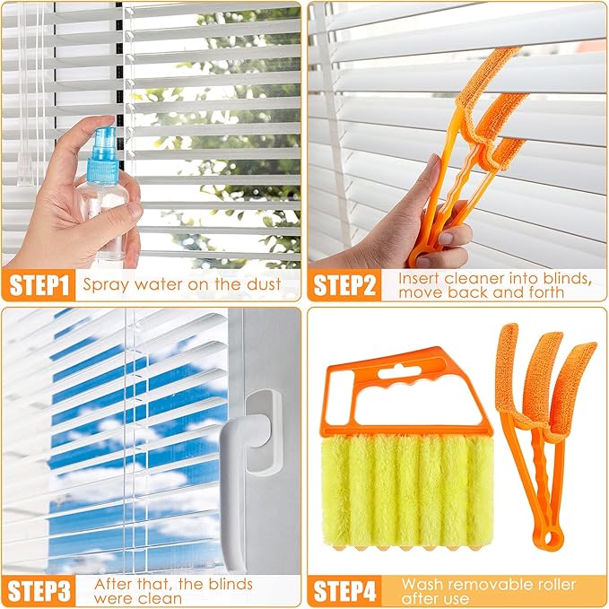 Romooa 4 Pcs Window Venetian Blind Cleaner Duster Tool 7 Finger Blind Rush and Shutter Cleaner Brush Hand-held Window Shutter Air Conditioner Duster for Dirt(Yellow, Orange)