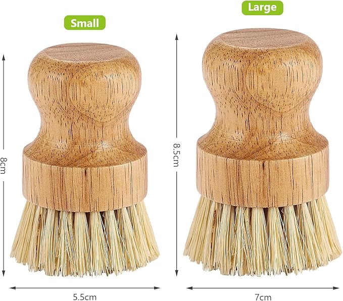2er Pack Palm Pot Brush- Bamboo Round Mini Dish Brush Natural Scrub Brush Durable Scrubber Cleaning Kit with Union Fiber and Tampico Fiber for Cleaning Pots, Pans and Vegetables (B, M)