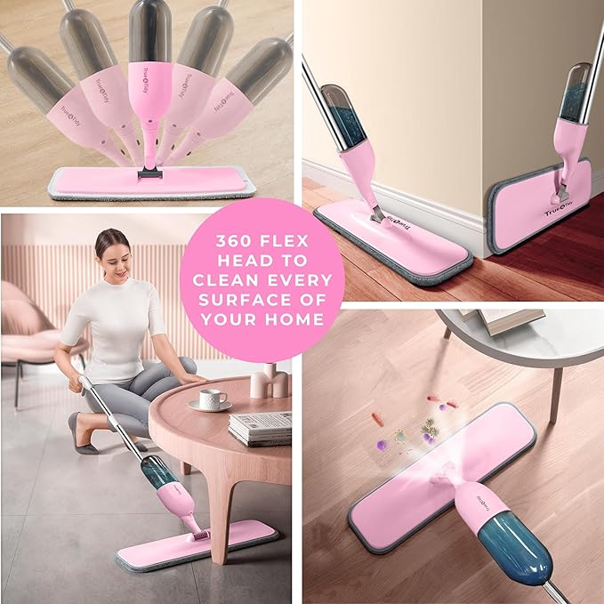 Heavy Duty Spray Mop Kit for Floor Cleaning, Refillable Water Tank, Use Any Cleaning Solution with Machine Washable Pads, Includes Flat Mop Head, Round, Squeegee Head