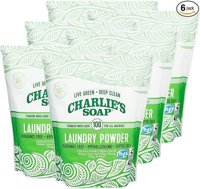 Charlie’s Soap Laundry Powder (100 Loads, 6 Pack) Hypoallergenic Deep Cleaning Washing Powder Detergent – Eco-Friendly, Safe, and Effective