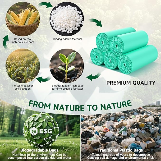 5 Gallon Trash Bags Biodegradable Unscented - Green Small Garbage Bags Compostable 100 Count 18 Liter Recycling Waste Basket Kitchen Office Bathroom Liners Strong Thick Bulk Heihaily