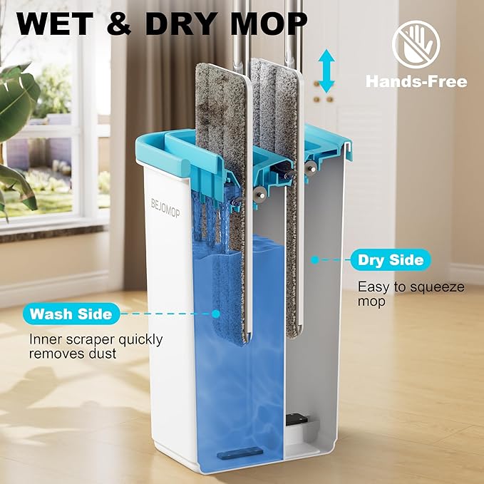 BEJOMOP Mop and Bucket Set with Wringer, Turquoise-Cyan Wall Mop Cleaner with Long Handle, Squeeze Flat Mop and Bucket System, Dry & Wet Dust Mop for Household Floor Cleaning with 2 Microfiber Mops