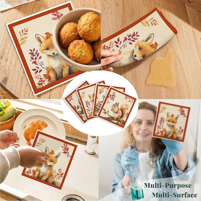 Fall Animal Swedish Dishcloths for Kitchen Cloths Towels, Cute Deer Fox Owl Squirrel Autumn Farm House Gifts 4 Pack Dish Cloths for Kitchen, Papaya Reusable Cleaning Paper Towels Washable