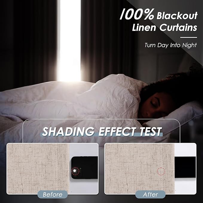 100% Blackout Linen Curtains 90 inch Length 2 Panels for Living Room Loop Pocket Pinch Pleated Black Out Drapes Oatmeal Heat Reducing Total Blackout Window Curtains for Bedroom 90 inches Long