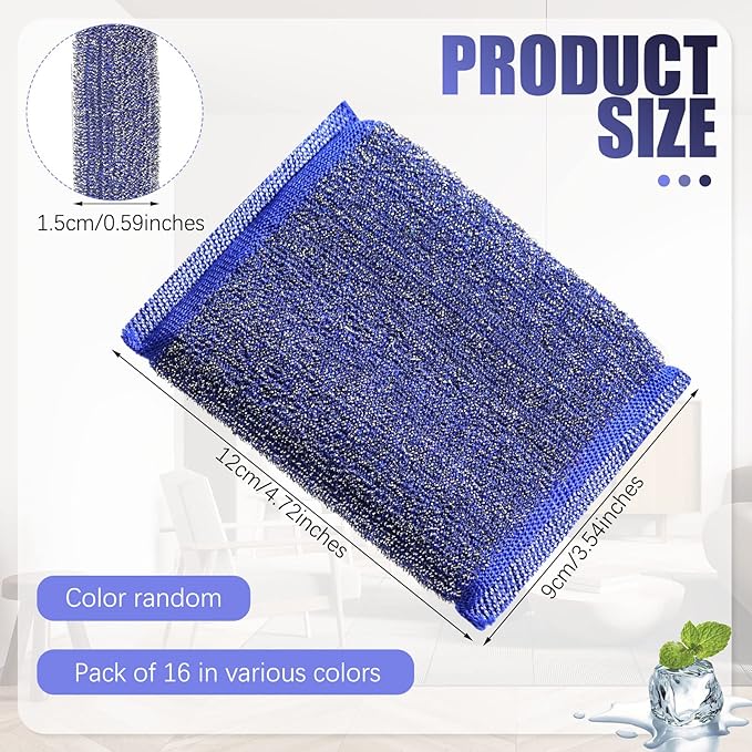 Roshtia 16 Pack Steel Dish Sponge Scrub Sponge for Kitchen Multipurpose Dish Scrubber Household Cleaning Non Scratch Foam Rubber for Cleaning Dishes, Pans, Pots and Hard Stains, Color Random