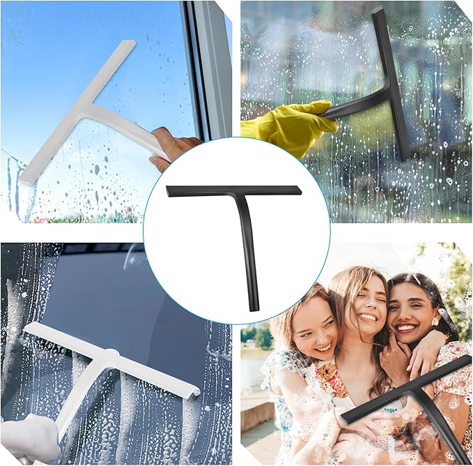 DNZPFU Shower Squeegee for Glass Doors, Mirror Window Tile Scrubber Cleaner with Hook Silicone (Black)