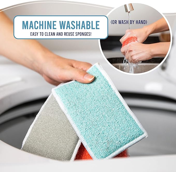 Don Aslett’s Scrub & Switch Combo Set | Dual-Sided Scrub, Clean, and Polish Sponges Included | Handheld Tool for Extra Scrubbing Power | Reusable and Machine Washable | 2-Pack