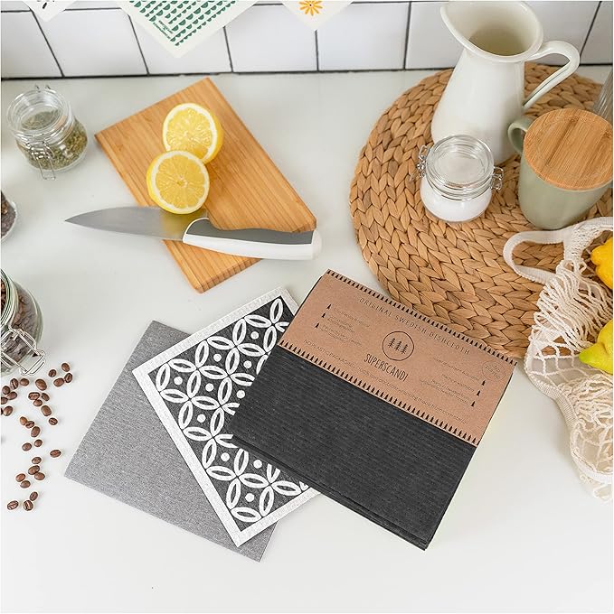 SUPERSCANDI 6 Pack Swedish Dishcloths for Kitchen - 100% Biodegradable & Compostable Reusable Paper Towels Washable, Food-Safe & Without Plastic - Dish Rags Suitable for Any Surface, White